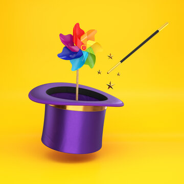 Magic Hat With A Wand And A Pinwheel Floating On A Yellow Background, 3d Render