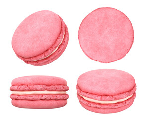 A set of pink macaroons from different angles on the side, top, front on a white background, 3d render