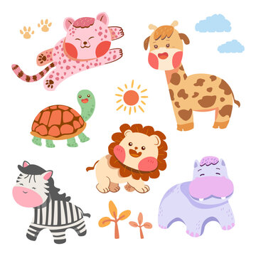 Set of cute safari animals, ready to use on a white background, includes lions, hippos, giraffes, tortoises, cheetahs, and zebras. Cartoon suitable for print on a shirt, postcard, stationery ,etc.