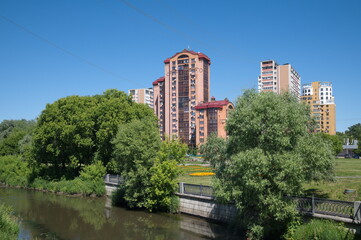 Residential multi-storey buildings on the banks of the Yauza River. Rostokino district. Moscow, Russia