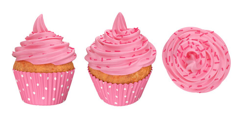 Set of cupcakes with pink cream from different angles front, side, top, 3d render