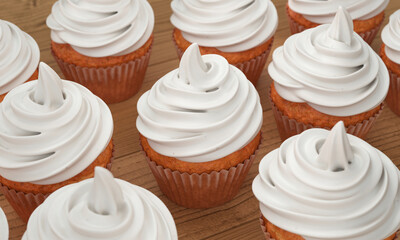 A set of cupcakes with white cream on a wooden countertop, 3d render