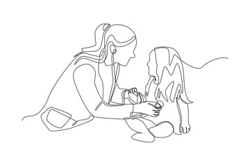 Continuous one line drawing female doctor examining a little girl by stethoscope. Doctor and Patient concept. Single line draw design vector graphic illustration.