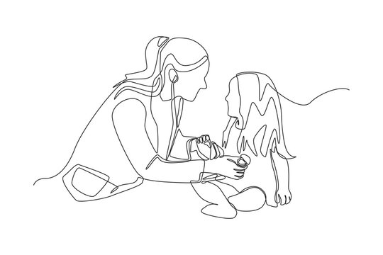 Continuous One Line Drawing Female Doctor Examining A Little Girl By Stethoscope. Doctor And Patient Concept. Single Line Draw Design Vector Graphic Illustration.