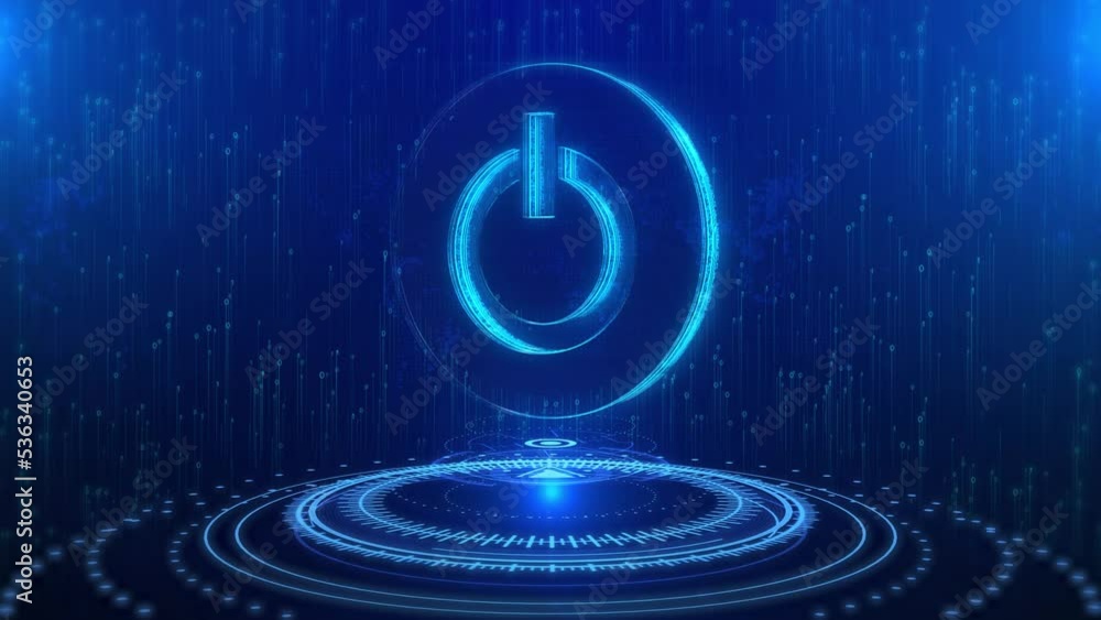 Poster power button text cyberspace future digital technology hologram loop concept. start up, start neon l