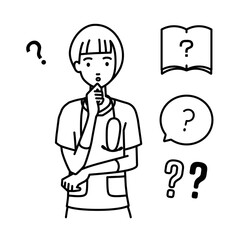 立って手をあごにあてて疑問を感じている看護師の女性 クエスチョンマークのセット