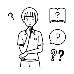 立って手をあごにあてて疑問を感じているポロシャツの女性 クエスチョンマークのセット