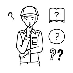 立って手をあごにあてて疑問を感じている作業員の女性 クエスチョンマークのセット