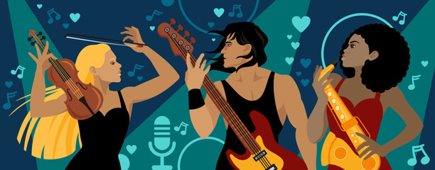 Music Festival. A musical trio perform on stage: a guy with a guitar, a girl on the violin and a saxophonist. Vector illustration.