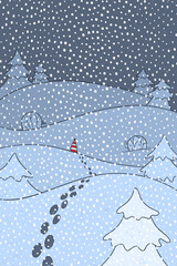 A cute Christmas gnome in a red striped cap goes into the forest, leaving footprints. Template for Christmas and New Year card in flat cartoon children's style.