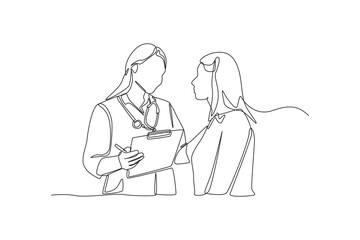 Continuous one line drawing Female Doctor explains medical record to girl patient. Doctor and Patient concept. Single line draw design vector graphic illustration.