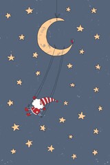 A cute Christmas gnome in a red striped cap swings on the moon. Template for Christmas and New Year card in flat cartoon children's style. A little Santa Claus.