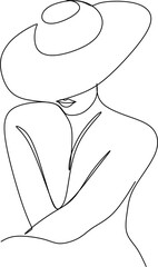 Abstract linear woman in hat. Minimal portrait. Head fashionable accessory. One line continuous. Beauty and glamour concept. Cap headgears for lady. Hand drawn vector illustration.