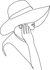 Abstract linear woman in hat. Minimal portrait. Head fashionable accessory. One line continuous. Beauty and glamour concept. Cap headgears for lady. Hand drawn vector illustration.