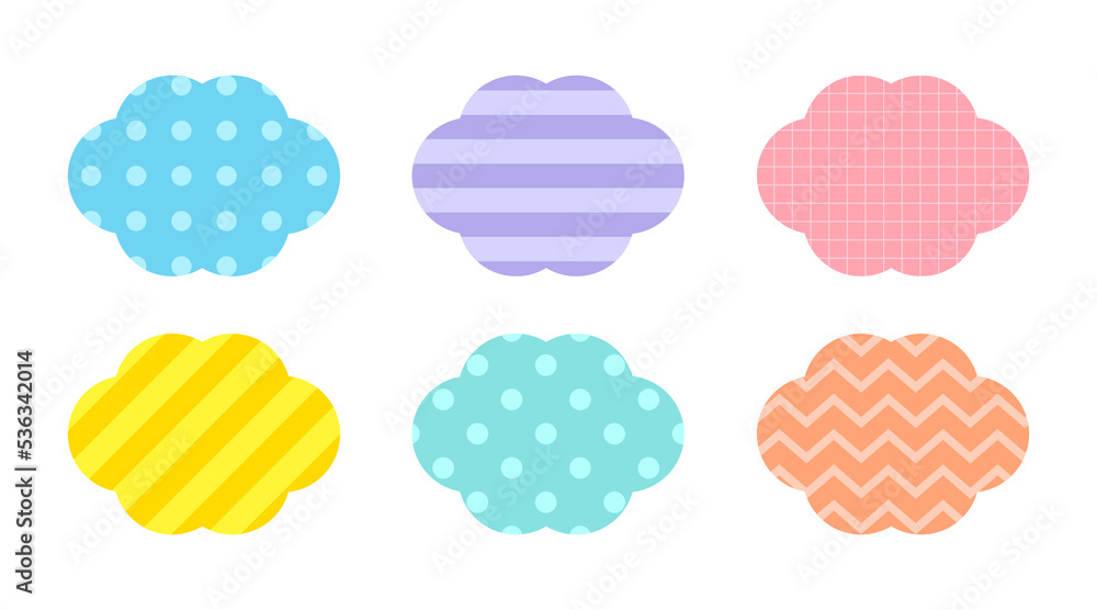 Poster set of cute cloud shape frame icon illustrations on colorful stripes, dots and check pattern backgro