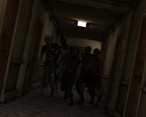 Obraz na płótnie Canvas 3d illustration of a group of Zombies shambling down a dingy apartment corridor