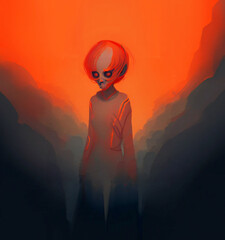 Ilustración digital de un alien zombi, en colores anaranjados por la celebración de Halloween - obrazy, fototapety, plakaty