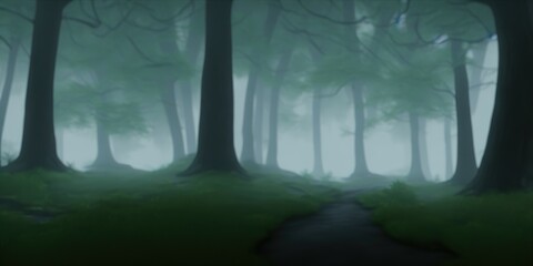 into the deep woods, atmospheric landscape with archway and ancient trees, misty and foggy mood. High quality Illustration