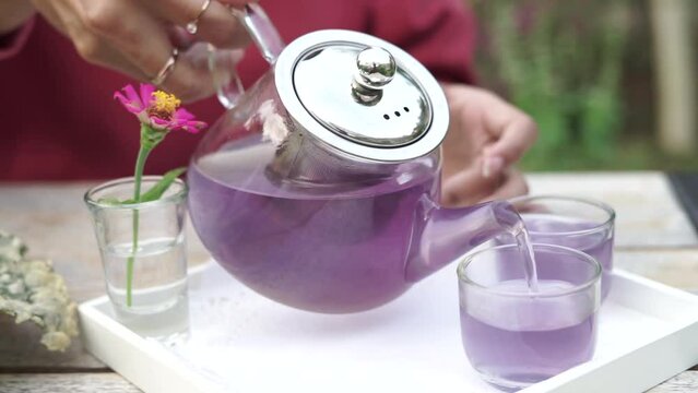 Close up of pouring a teapot of eagle flowers or in Indonesia known as Bunga telang extract tea in to a small cup with pink flower decoration