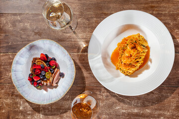 Spaghetti with shrimp and duck breast with foie gras