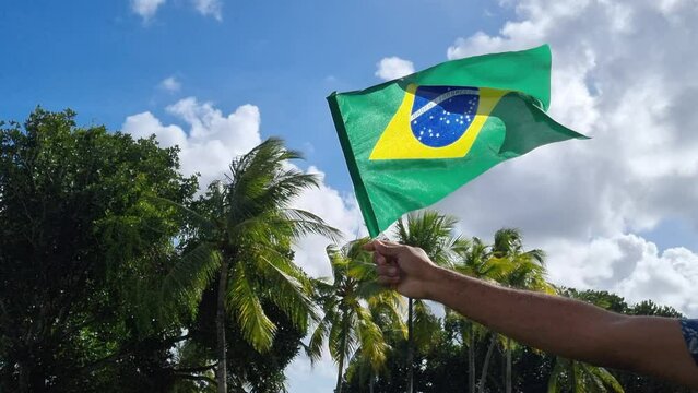 hand holding on a brazilian flag