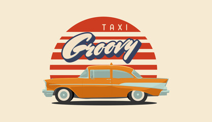Classic yellow taxi in vintage style. Retro car. Finished logo