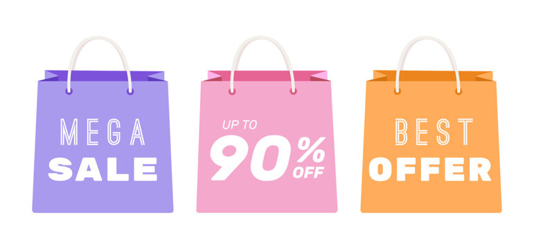 Illustration of three shopping bags. Purple, pink, orange, yellow bag package isolated on white background. Sale. Best offer