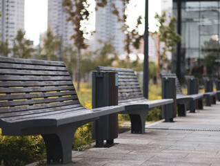 There are many wooden benches in the city park, a place to relax and have a friendly conversation