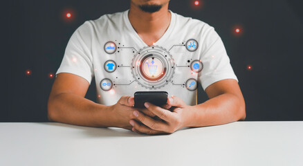 Digital money transfer, banking and e commerce concept.Mobile payment with wallet app technology.A man paying and shopping online with smartphone application.