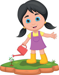 cartoon little girl watering plants