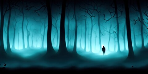 Spooky foggy forest at night with a silhouette figure on the main character. Cartoon style digital artwork for wallpapers and backgrounds. Woods in the moonlight with silhouettes and trees in mist