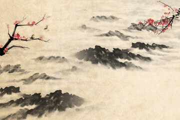 peaceful spring Chinese painting of mountains and rivers Clouds and pines High mountains of China	
