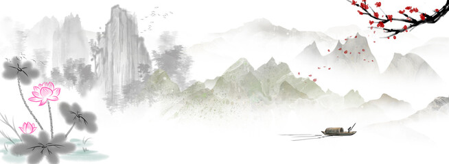 peaceful spring Chinese painting of mountains and rivers Clouds and pines High mountains of China	
