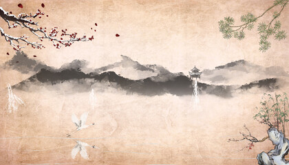 peaceful spring Chinese painting of mountains and rivers Clouds and pines High mountains of China	
