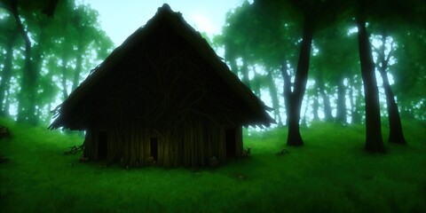 Fototapeta na wymiar A hut made of branches in the forest. Witch hut in deep forest. Forest witch hut. Hut in forest. High quality Illustration