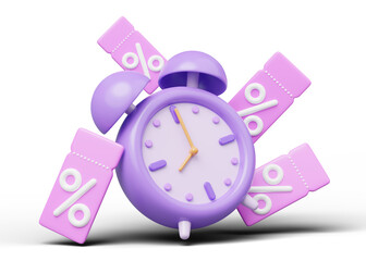 3d Alarm clock with discount price tag. Purple clock at 8 floating on transparent. Special discounts time, Flash sale, Limited promotion offer concept. Cartoon icon minimal smooth. 3d rendering.