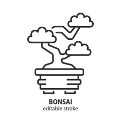 Traditional japanese bonsai line icon. Miniature tree in pot vector symbol. Editable stroke.
