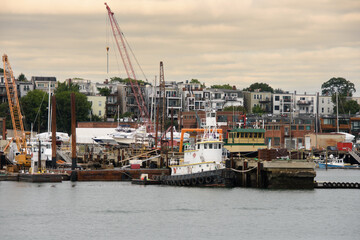 Boston, Massachusetts, USA, city view from the river near the harbor