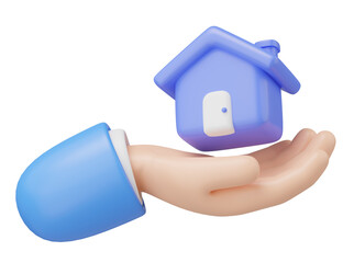 3D Home insurance icon. Toy House floating in hand isolated on transparent. Business invest, Real estate, mortgage, offer of purchase house, loan concept. Mockup Cartoon minimal icon. 3d rendering