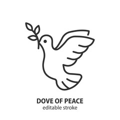 Dove of peace line icon. Pigeon with olive branch vector sign. No war outline symbol. Editable stroke.