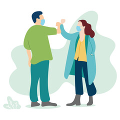 An alternative to a handshake, Men and women wearing health mask greet with their elbow bump during the coronavirus pandemic
