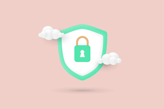 3d shield icon with padlock icon. Security data, safety, encryption, protection, privacy concept. 3d vector illustration.