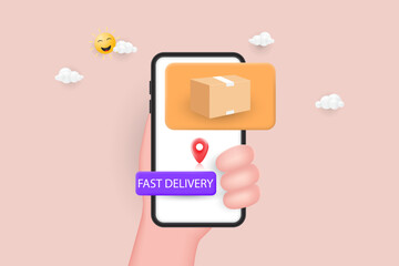 Fast delivery concept. Parcel and map pointer on Mobile smartphone. Online shopping. 3D Vector Illustration.