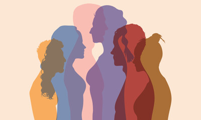 Concept of teamwork and cooperation. Community and Flat cartoon vector illustration of multicultural and international friendship between men and women. 