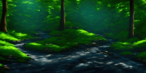 A stream in a deep forest. Wilderness forest creek. Cold creek in woodland. Forest stream landscape. High quality Illustration