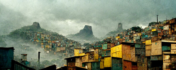 abstract future large favelas or slums and mountains environment  background 3d render.