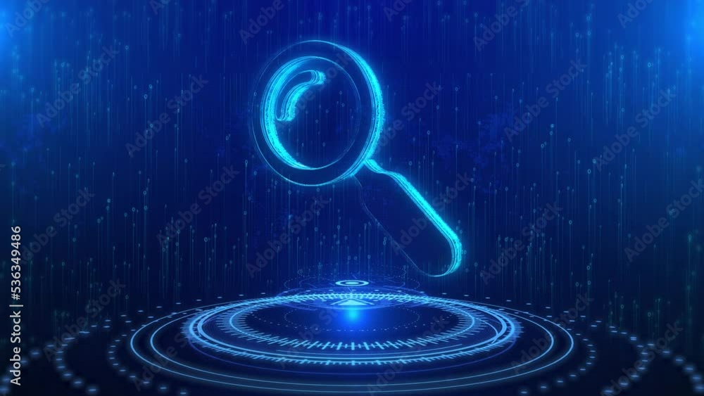 Poster search button text cyberspace future digital technology hologram loop concept. magnifying glass icon