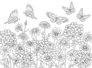 Coloring book with a meadow of rural flowers and fluttering butt