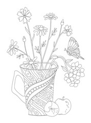 Coloring book with a fresh bouquet in an ornate decorated cup an - 536349481