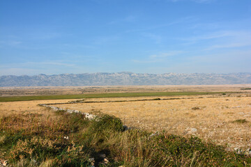 Obraz premium costa arida vicino alle saline nei pressi di Pag capoluogo dell'omonina isola della Croazia